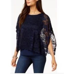 Navy Blue Lace Overlay Poncho Sleeve Blouse